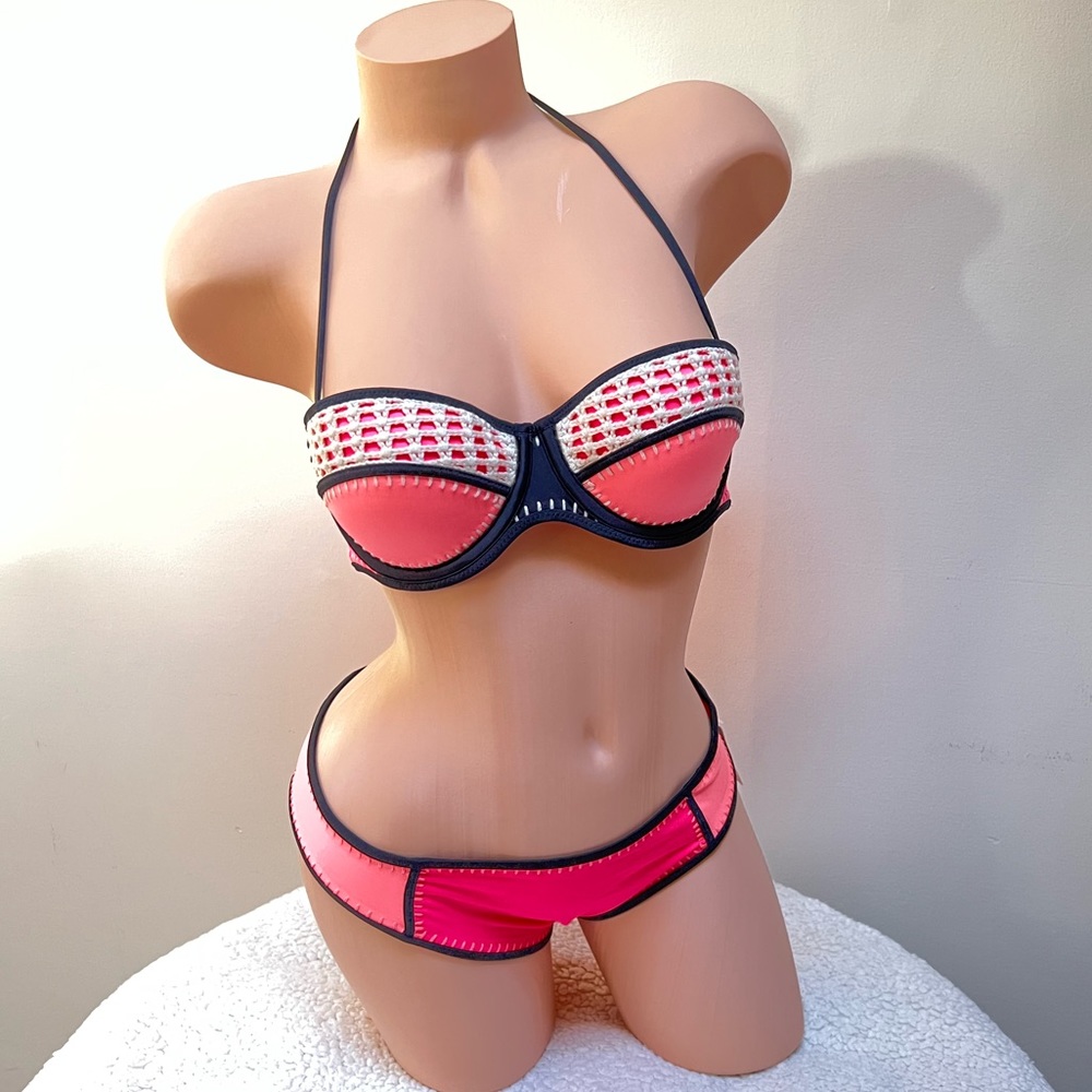 Victoria's Secret Hot Pink Crochet Swim Bandeau Top and Bikini Set Suit 34C M